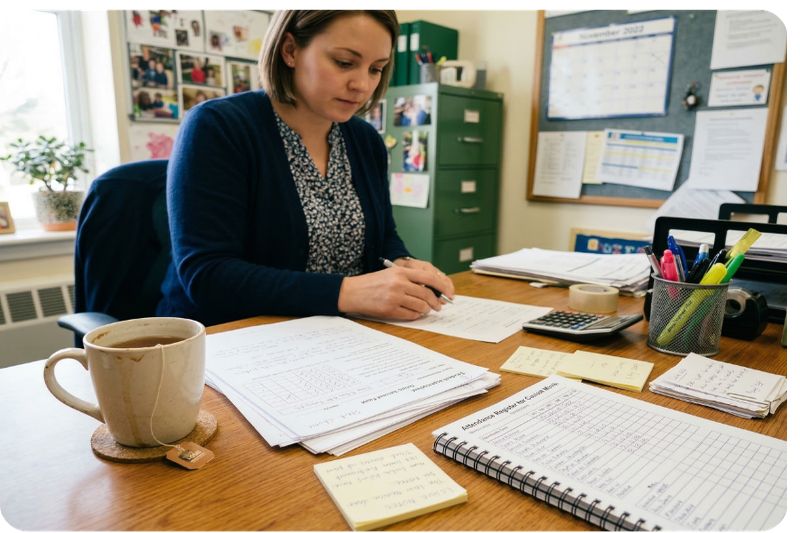 Preschool principal surrounded by paper assessment forms, attendance registers, and handwritten admin notes — the daily reality EarlyTrack was built to replace