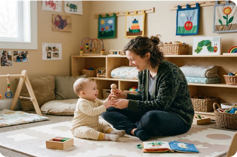 Nursery school teacher sitting on the floor engaging directly with a young child during play-based learning — the human connection that EarlyTrack protects by reducing administrative burden