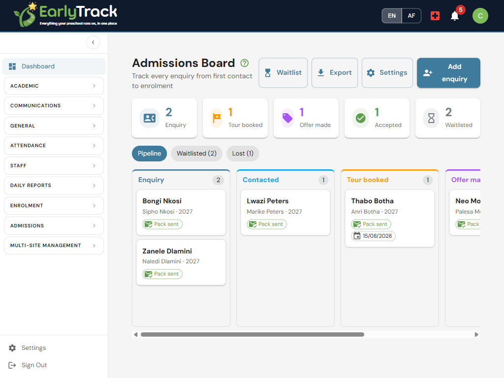 EarlyTrack admissions board: enquiry cards in five drag-and-drop columns from Enquiry to Accepted, with funnel counters on top