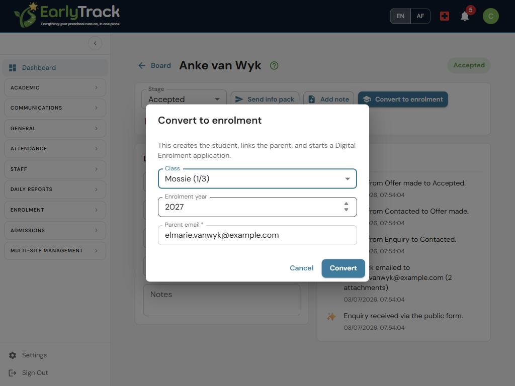 The convert to enrolment dialog in EarlyTrack: pick the class with live numbers, confirm the year and the parent email
