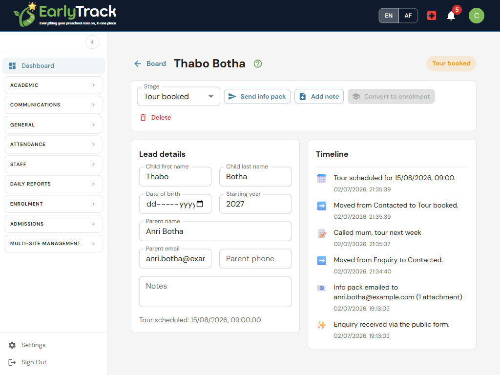 One enquiry's detail screen in EarlyTrack: action buttons, editable family details and the automatic timeline of every step