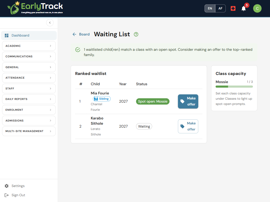 The EarlyTrack waiting list: ranked children with a sibling badge and a green spot-open alert, next to class capacity bars