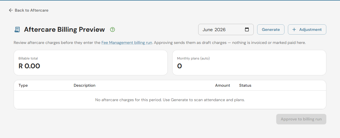 EarlyTrack aftercare billing preview showing aftercare charges folding into Fee Management invoices for a South African after-school care centre