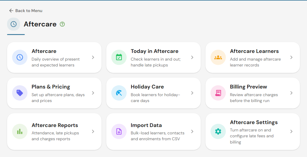 EarlyTrack Aftercare Edition dashboard showing enrolled learners, expected today, present now, checked out and late pickups for a South African after-school care centre
