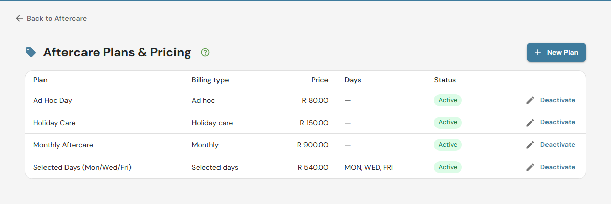 EarlyTrack aftercare plans and pricing table with monthly, selected-days, ad-hoc and holiday-care plans and their prices