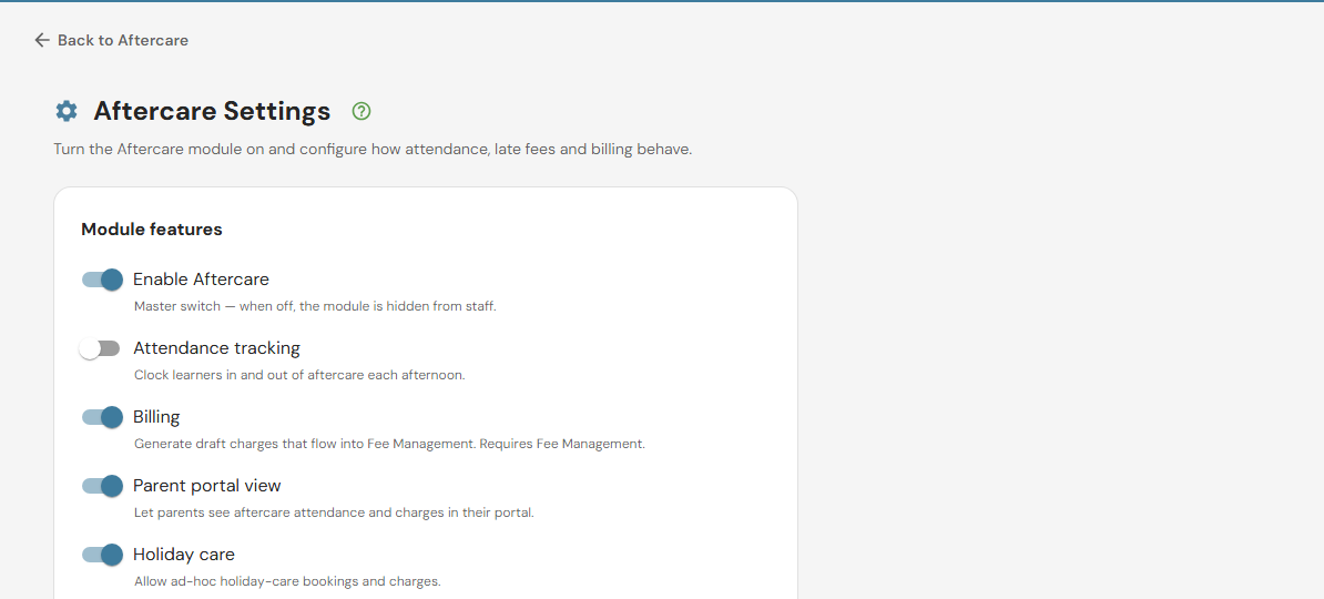 EarlyTrack aftercare settings for pickup cut-off time, grace period, late fees, billing and attendance