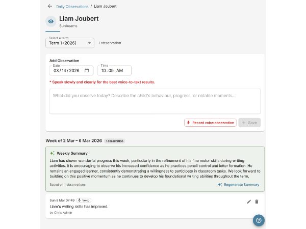 EarlyTrack AI assessment summary showing term overview and domain performance chart