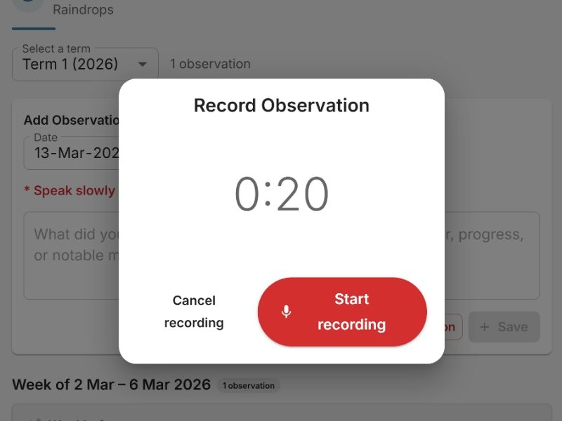 EarlyTrack AI observation tools showing voice recording, skill tagging, and AI-generated comment in English and Afrikaans