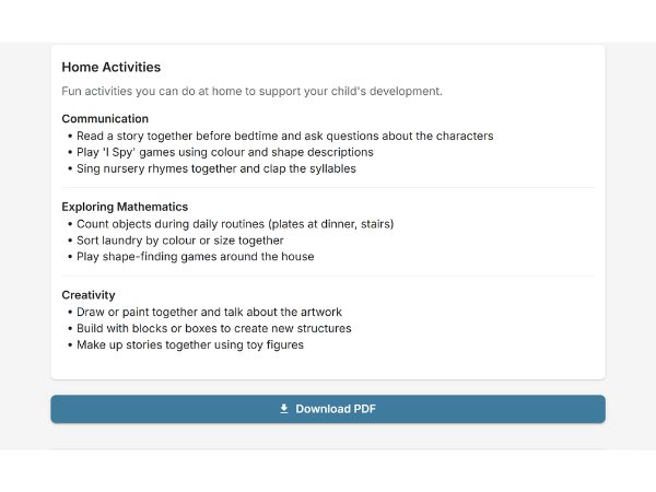 EarlyTrack AI home learning activities in English and Afrikaans tailored to child assessment results