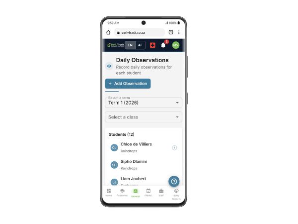 EarlyTrack observation log showing timestamped daily entries with domain categories and concern flags