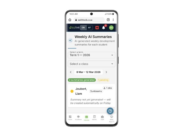 EarlyTrack weekly AI observation summary with domain coverage bars and observation gap alerts