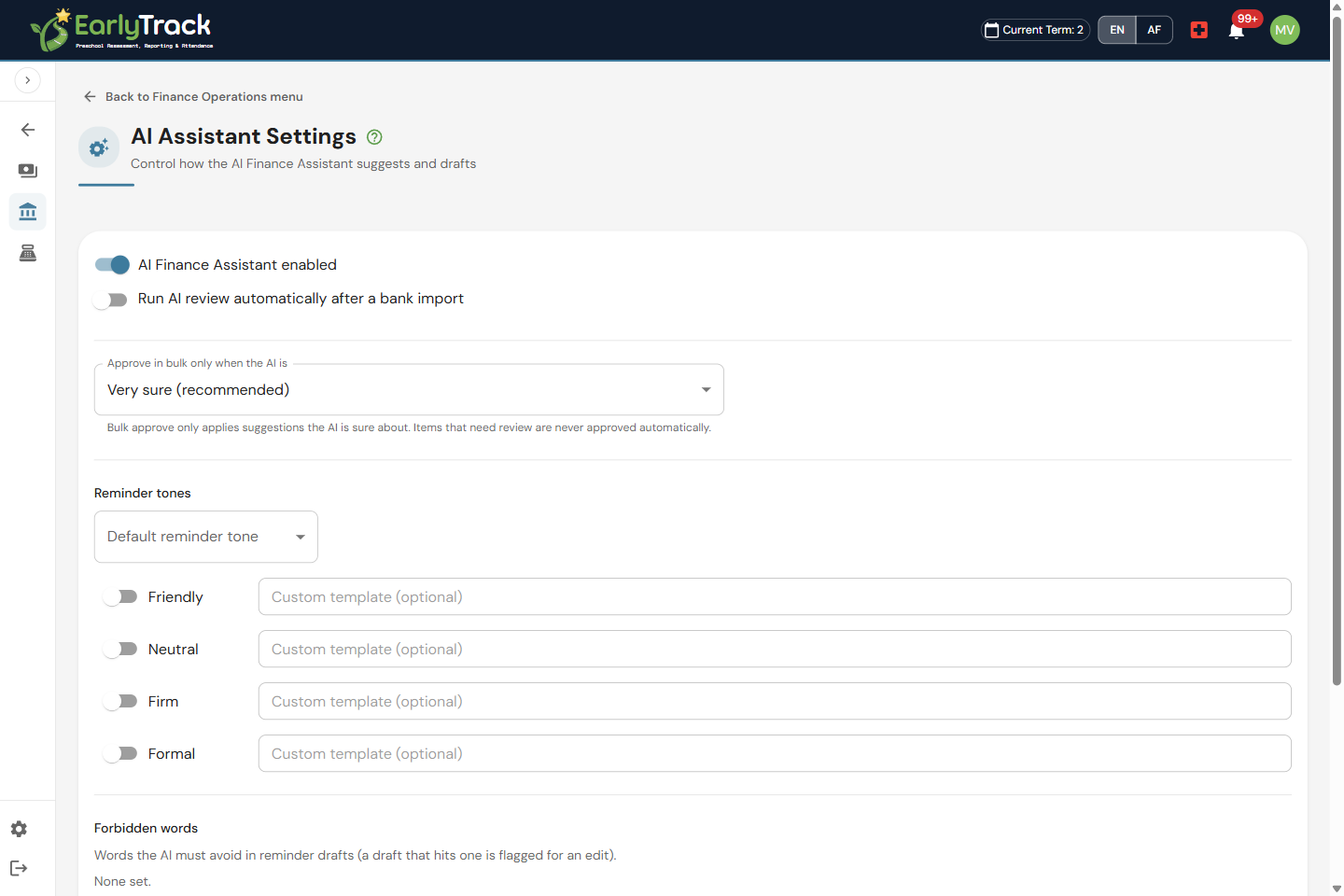 EarlyTrack AI Finance settings with enable toggle, reminder tone and POPIA consent