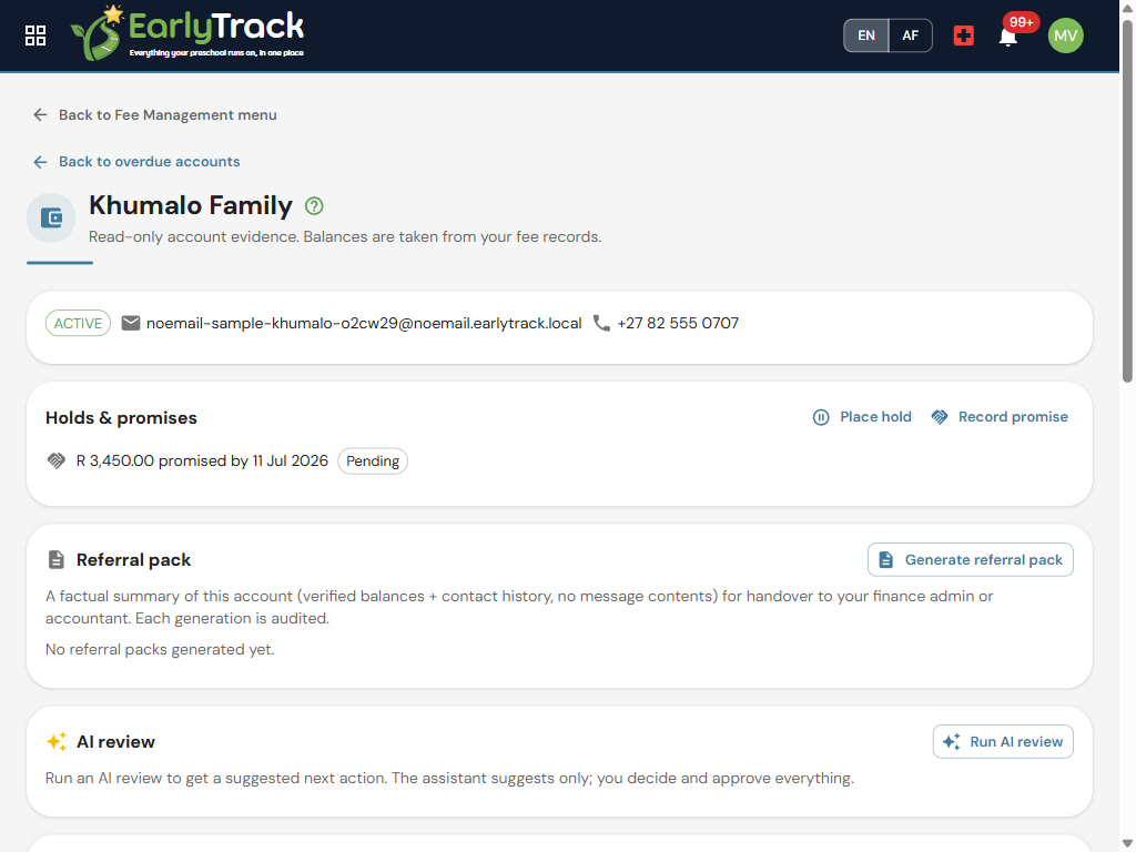 EarlyTrack arrears account with an AI review that suggests a next action for a staff member to approve
