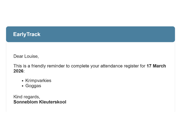 EarlyTrack automated teacher attendance reminder email