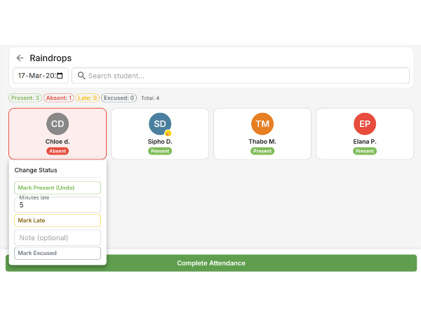 EarlyTrack digital attendance register showing student check-in on tablet