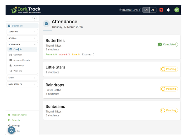 EarlyTrack daily attendance records with auto-mark absent