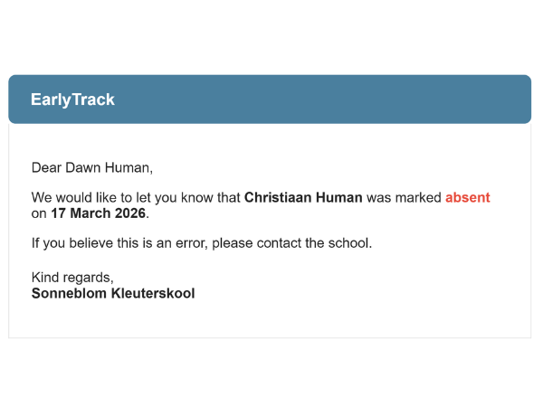 EarlyTrack automated parent absence notification email