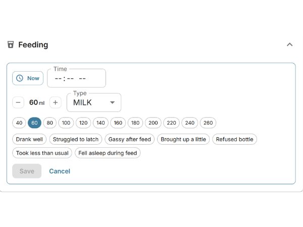 EarlyTrack feeding tracker showing amount stepper and feed type chips