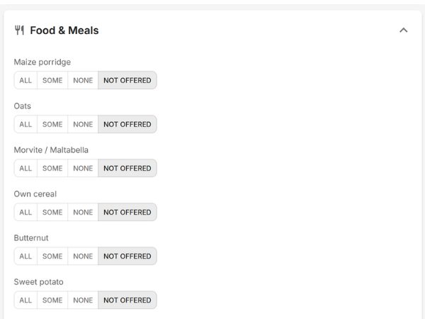 EarlyTrack food intake grid showing All, Some, None, Not Offered statuses