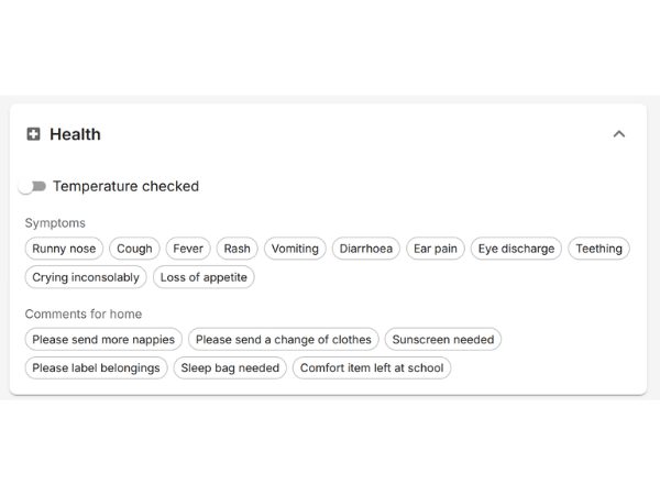 EarlyTrack health monitoring showing temperature, symptoms, and medication logging