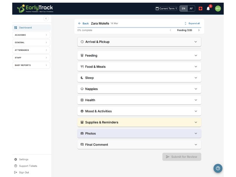 EarlyTrack baby daily report interface showing feeding, sleep, nappy and mood tracking for South African preschools
