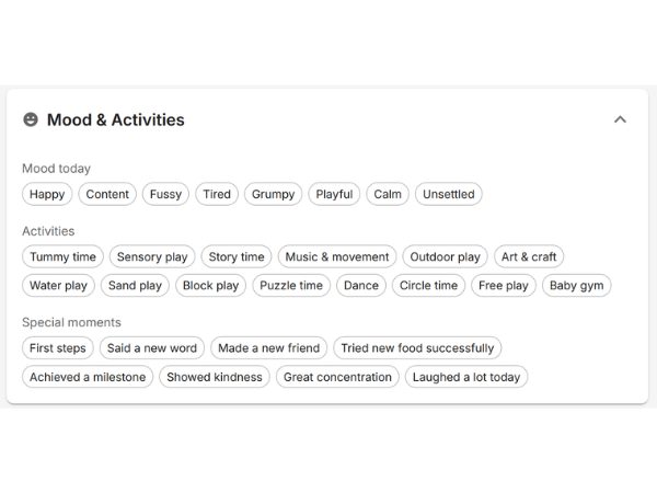 EarlyTrack mood, activity, and special moments selection interface