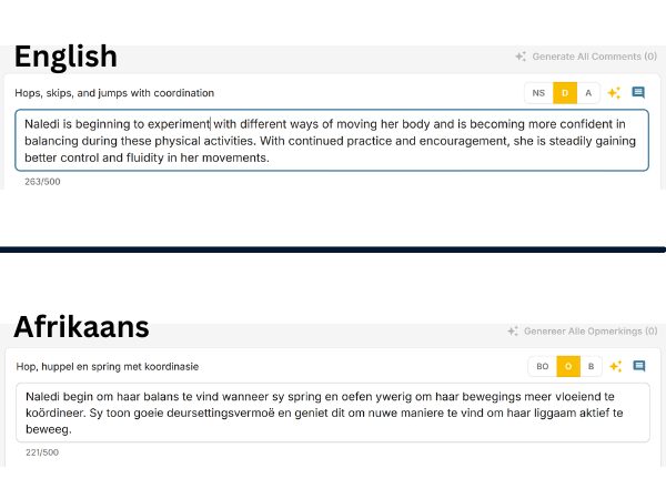 AI-generated observation comments in Afrikaans and English per student