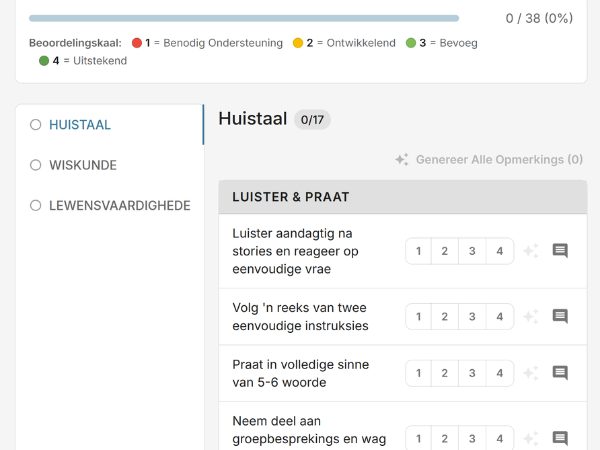 ELDA assessment skills in Afrikaans with domain tabs and rating labels