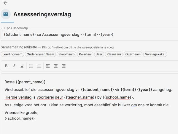 Automated parent email notifications in English and Afrikaans