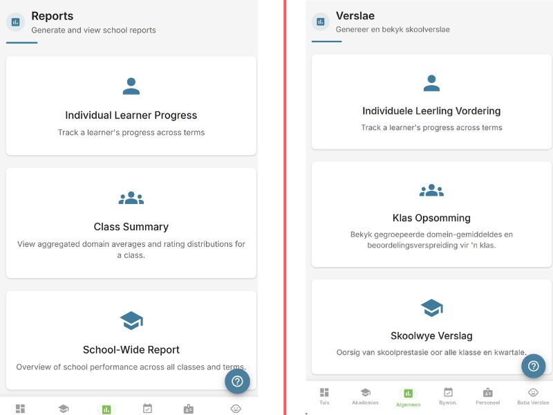 EarlyTrack bilingual assessment — English and Afrikaans reports side by side