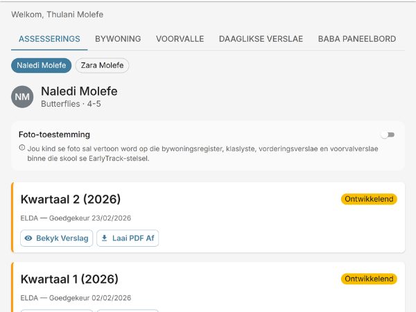 AI assessment summaries and home activities generated in Afrikaans