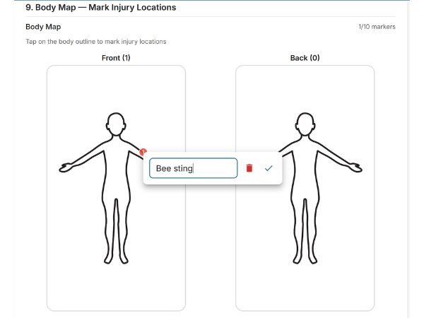 EarlyTrack body map with front and back injury markers for incident reporting