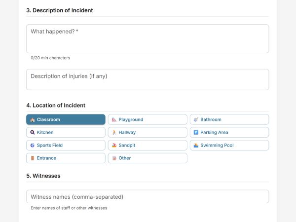 EarlyTrack DSD form showing all 15 sections in sidebar navigation