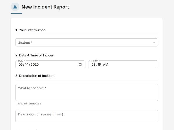 EarlyTrack DSD incident form showing 15-section sidebar navigation with body map, severity classification, and digital signature status