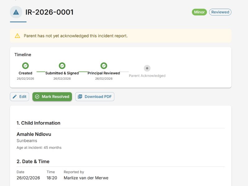 EarlyTrack DSD incident reporting form showing 15-section sidebar navigation, injury details, body map markers, and digital signature status
