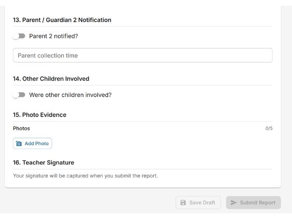 EarlyTrack photo evidence upload showing attached incident photos