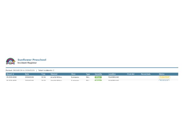 EarlyTrack incident register with auto-numbered entries and severity classification