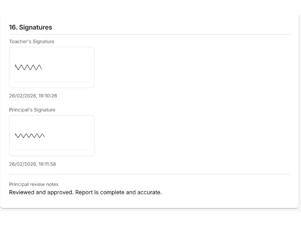 EarlyTrack digital signatures showing teacher, principal, and parent sign-off status