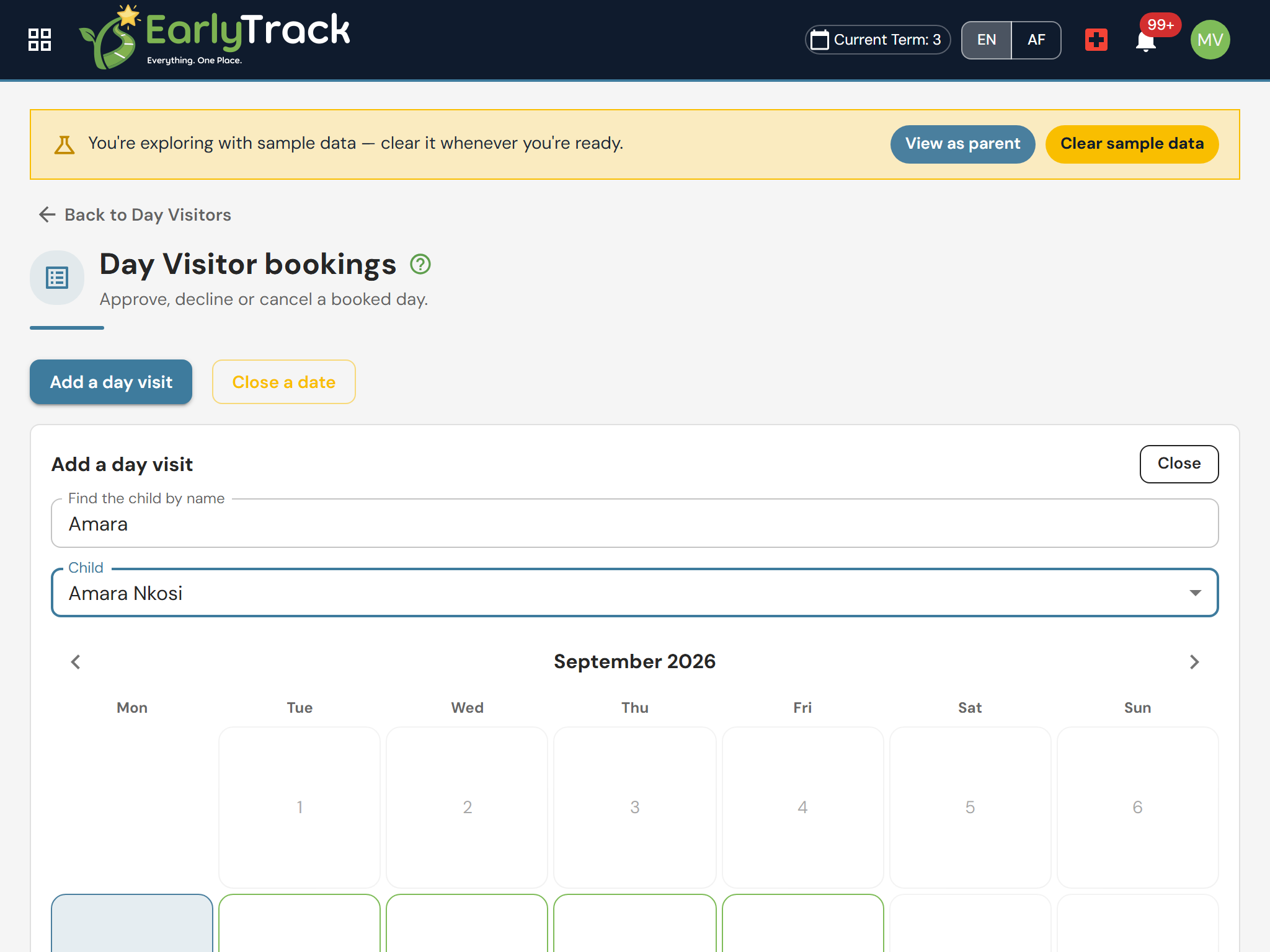 An EarlyTrack office user adding a day visit for a child by telephone, picking the days and reading back the price