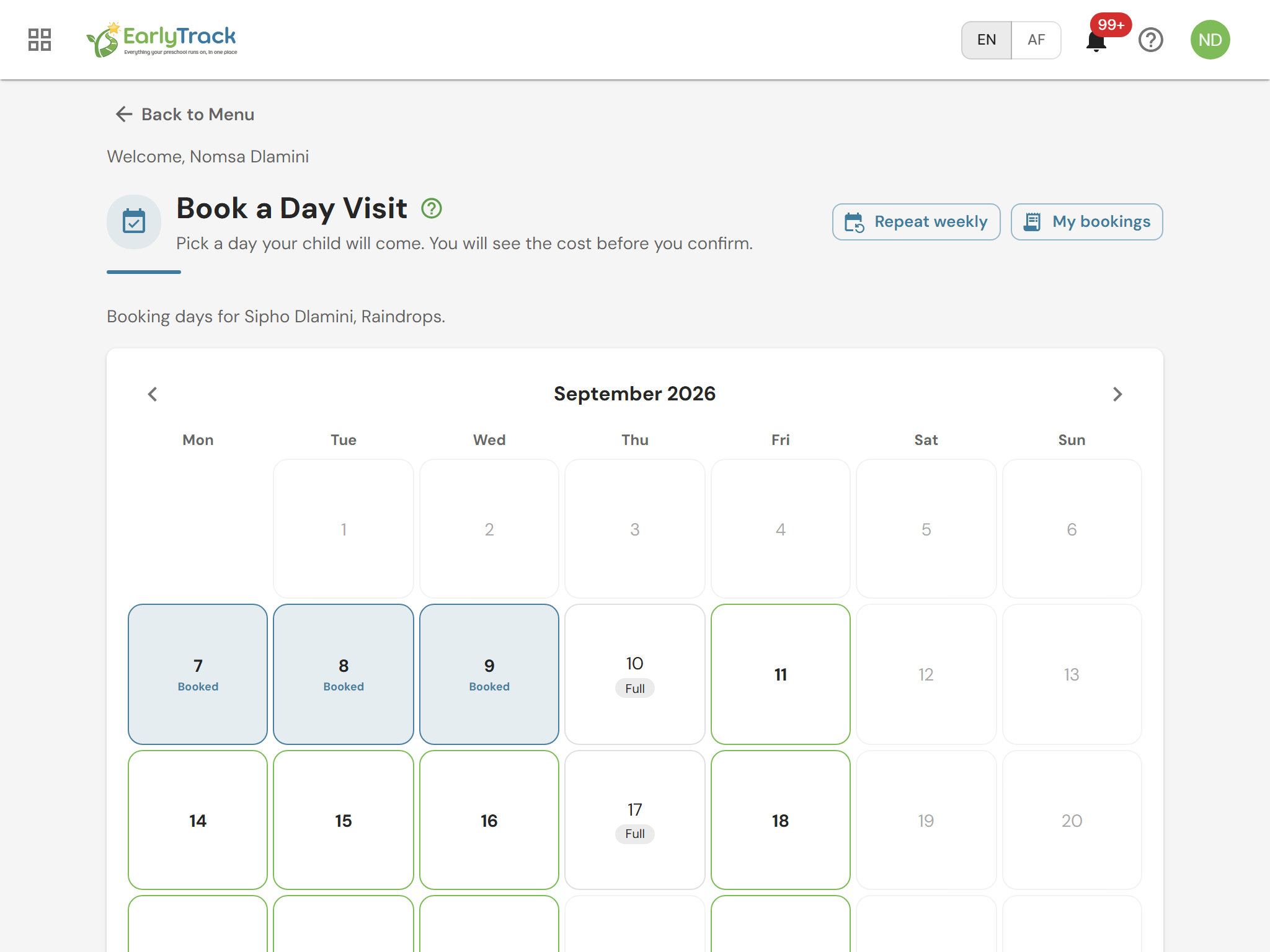 A parent booking a single day at a South African preschool in the EarlyTrack parent portal, with the price for the day shown before confirming