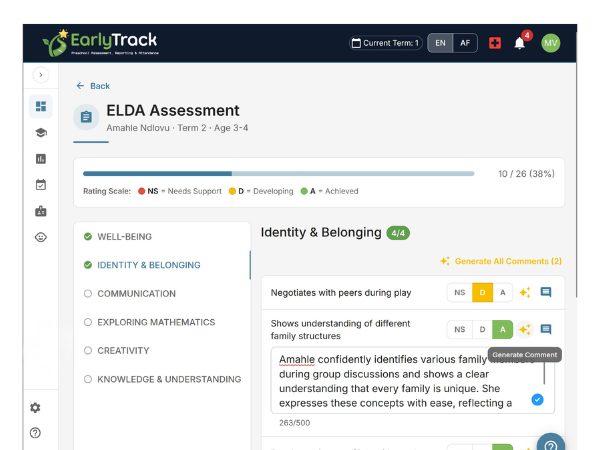 EarlyTrack AI-generated observation comment for Identity and Belonging domain showing generated text with character count and Generate Comment button