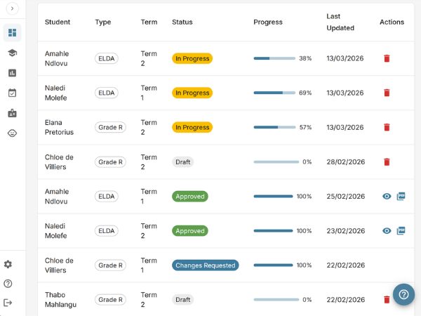 EarlyTrack assessment approval queue showing student assessments with status badges for In Progress, Approved, Changes Requested, and Draft with progress bars