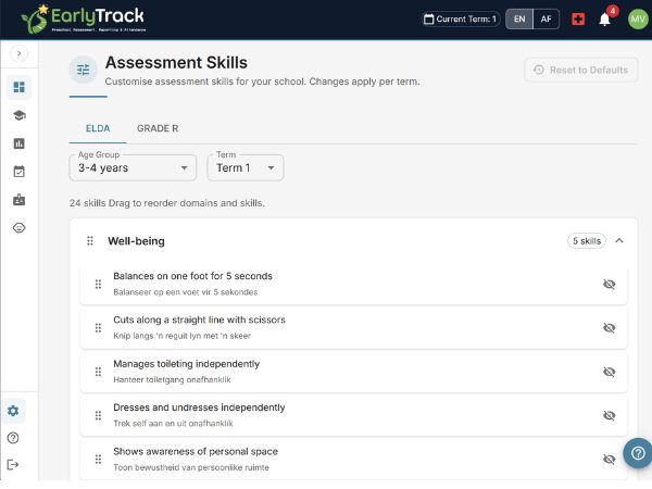 EarlyTrack Assessment Skills customisation page showing ELDA Well-being domain with 5 skills for age group 3-4 years, drag to reorder and hide skill toggles