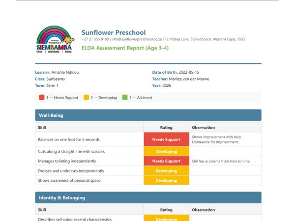 EarlyTrack branded ELDA PDF report showing Sunflower Preschool header, learner details, Well-being skill ratings with colour-coded Needs Support and Developing badges