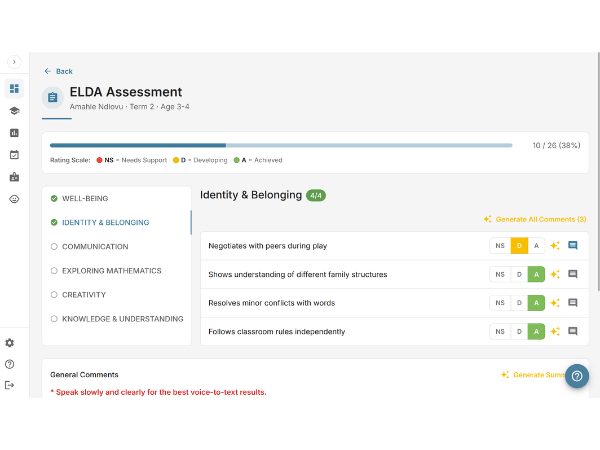 EarlyTrack ELDA assessment showing six developmental domains with Identity and Belonging skills, NS/D/A rating buttons, and domain navigation sidebar
