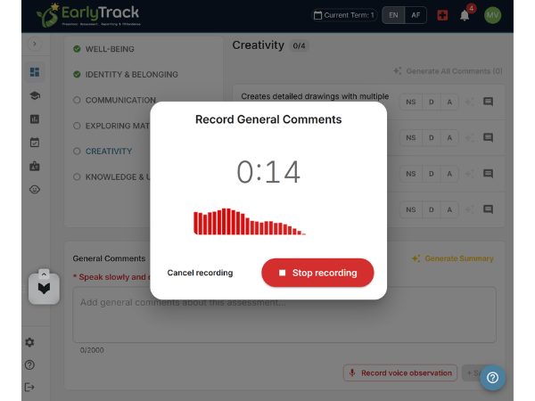 EarlyTrack voice-to-text recording dialog showing waveform visualisation, recording timer at 0:14, and Stop Recording button for hands-free observation capture
