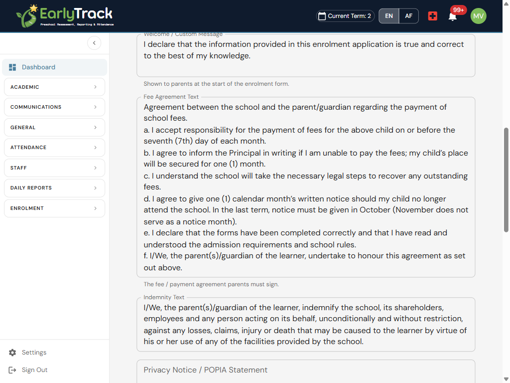 EarlyTrack enrolment agreements and POPIA privacy notice with explicit consent and an optional photo-consent tick