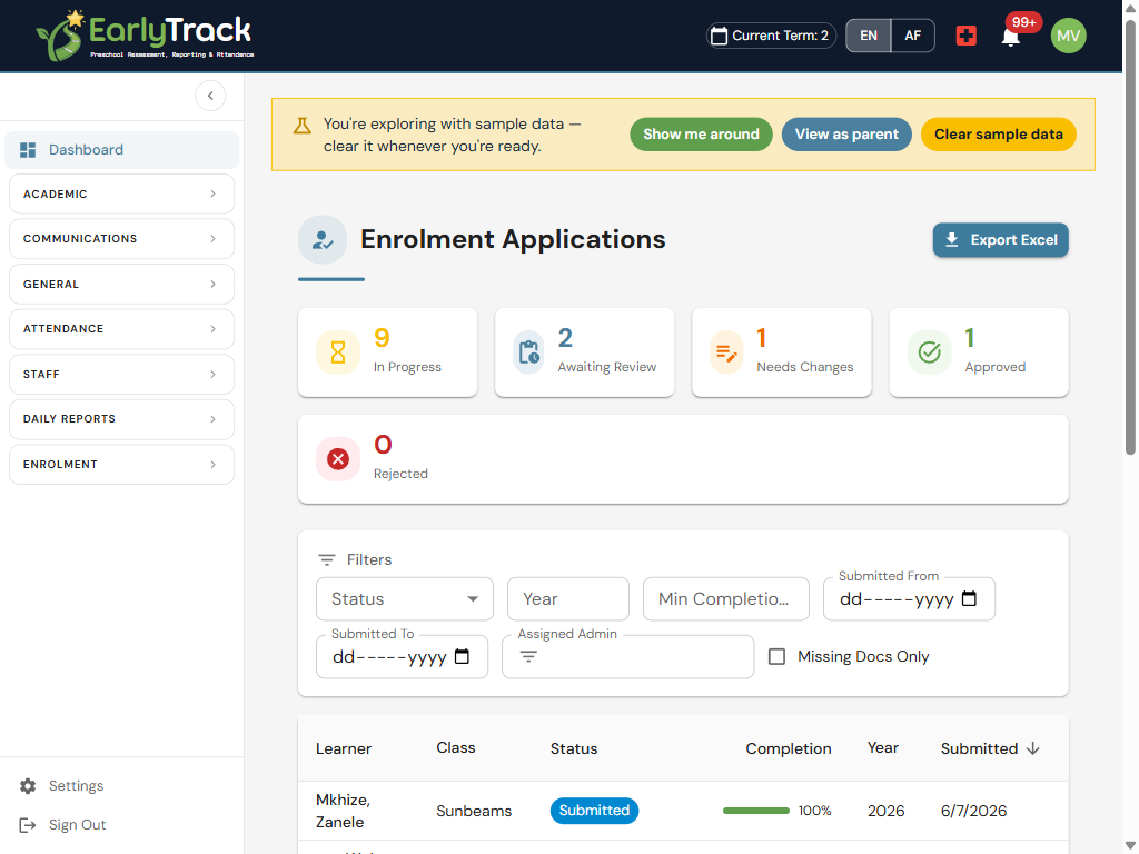 EarlyTrack digital enrolment applications dashboard showing learner statuses, classes, and review actions for a South African preschool
