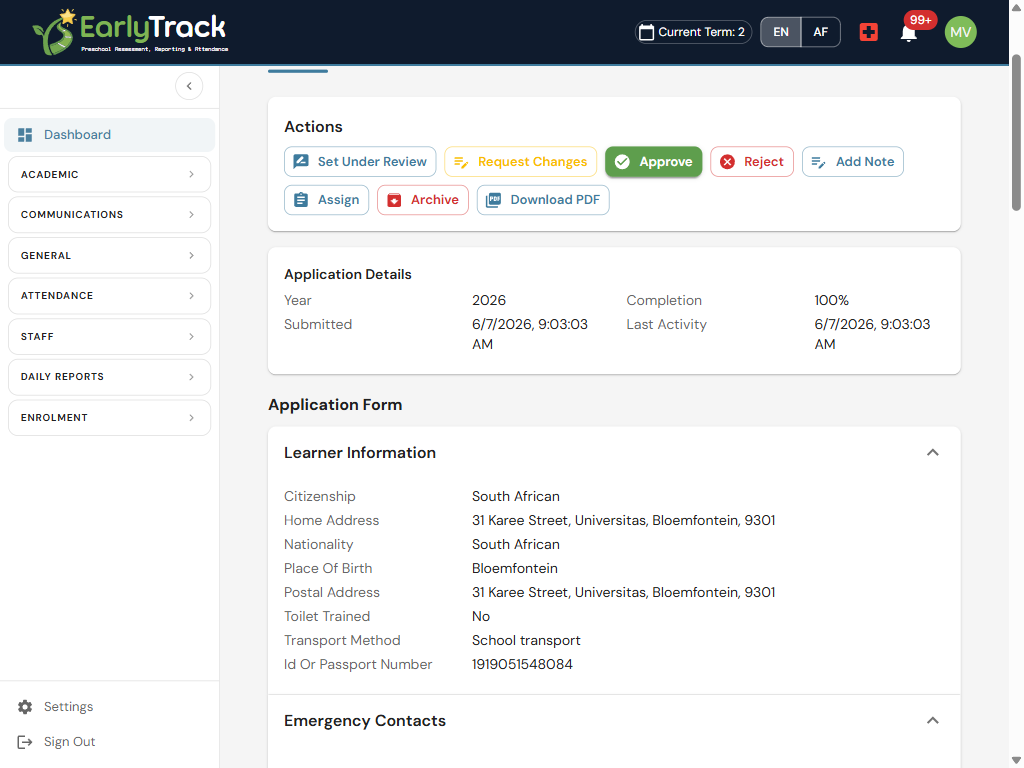 EarlyTrack enrolment review screen with approve and request-changes actions for a learner application