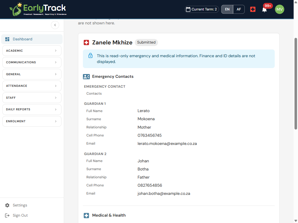 EarlyTrack read-only Learner Safety Info showing emergency contacts, allergies, and medical notes with finance and ID numbers hidden